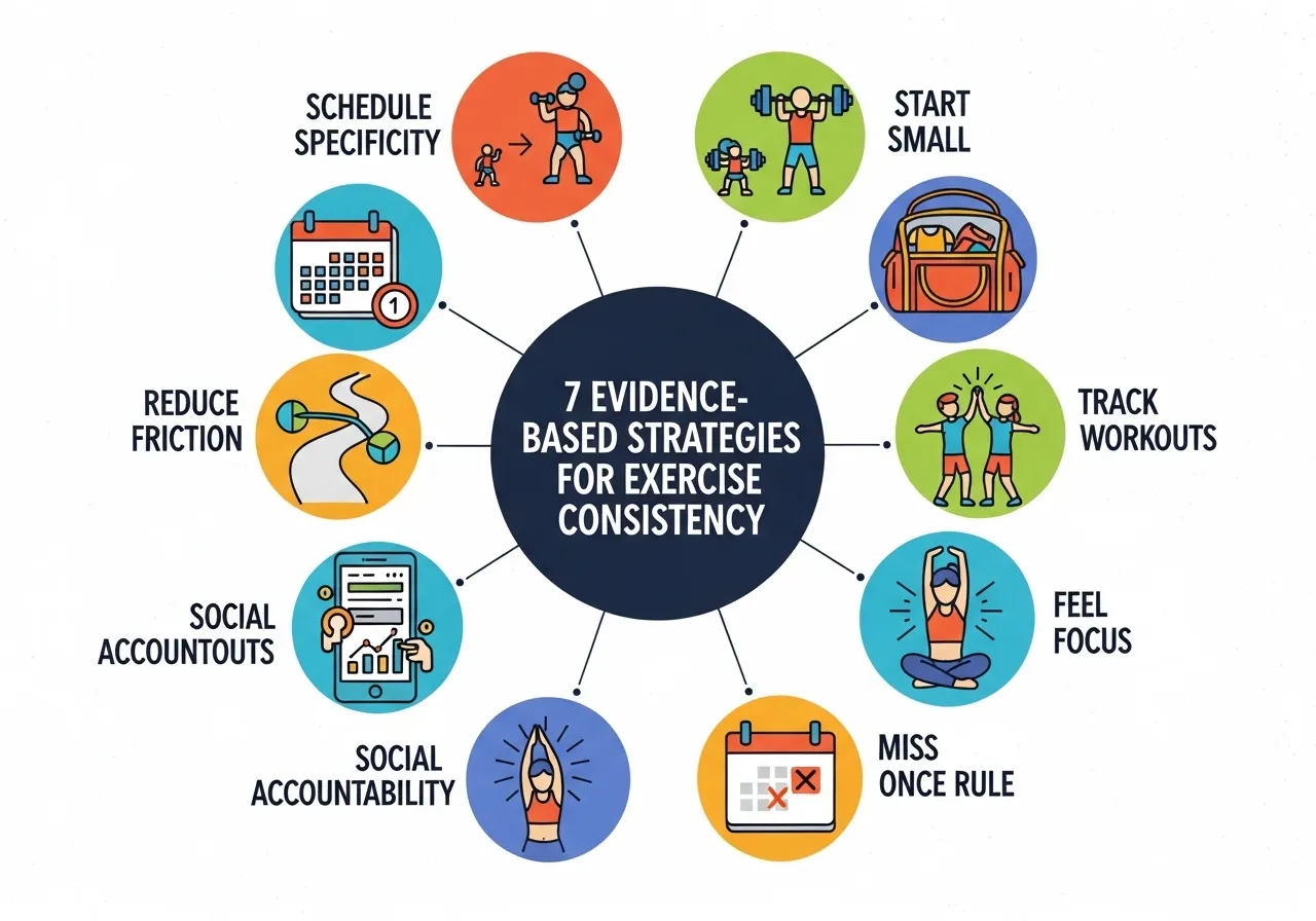 7 strategies exercise consistency scheduling friction reduction tracking accountability