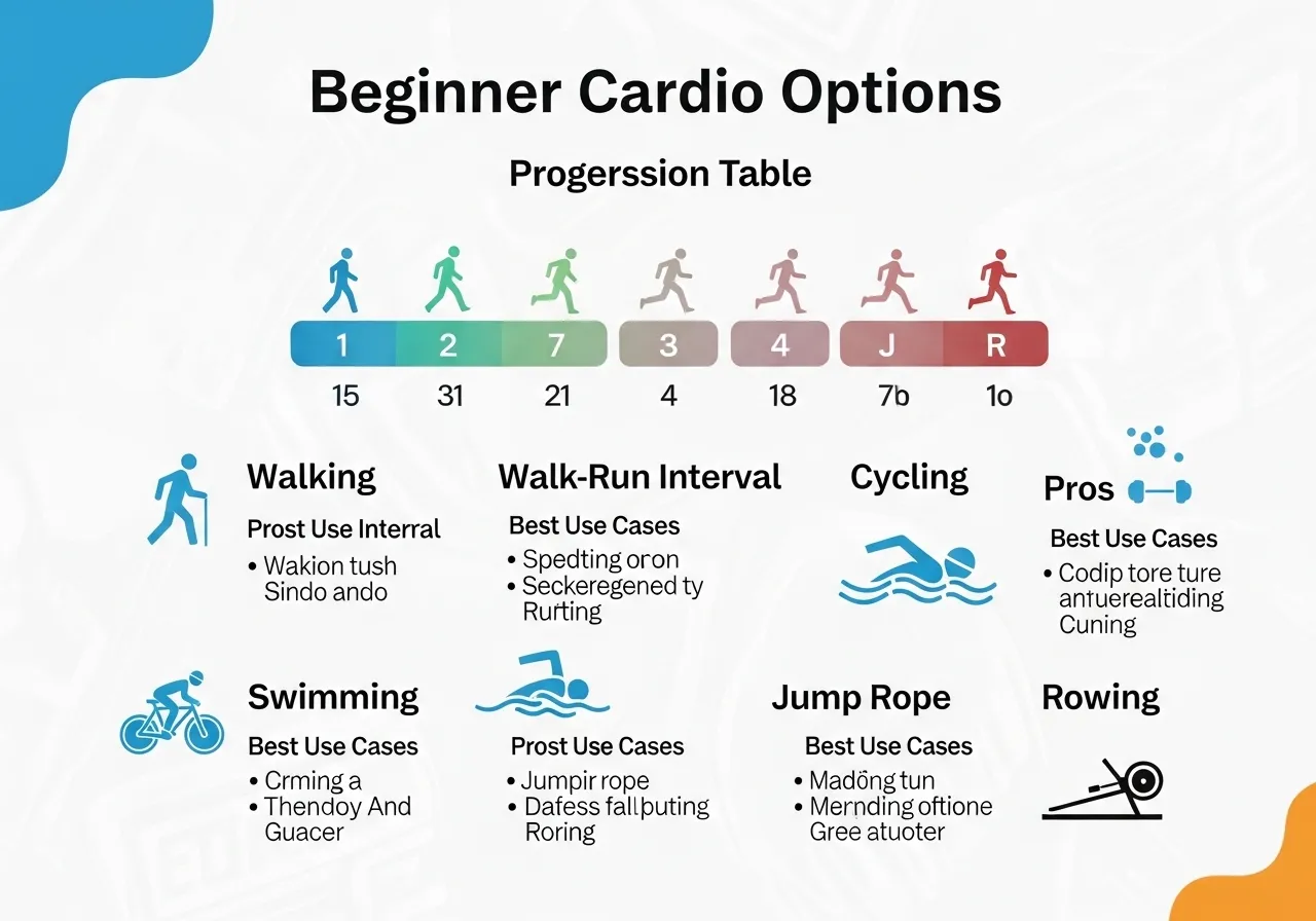 beginner cardio options walking walk-run intervals cycling swimming jump rope rowing
