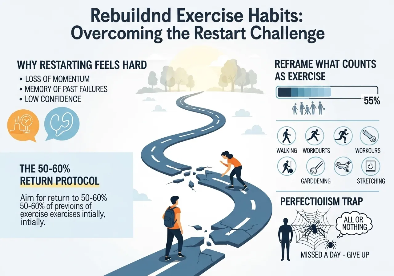 how to rebuild exercise habit after break restart protocol reframe counts
