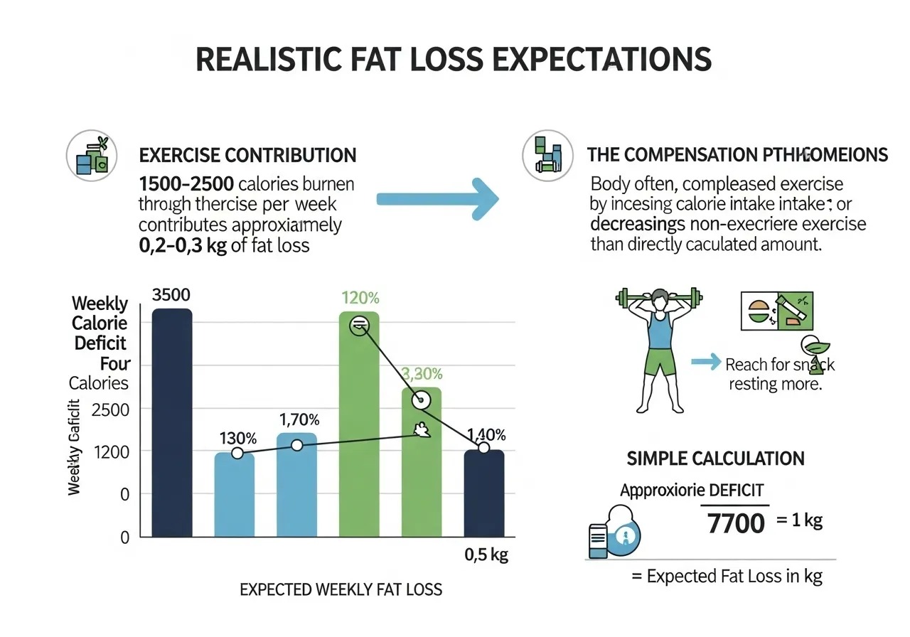 realistic fat loss exercise expectations 0.2-0.3kg per week compensation problem