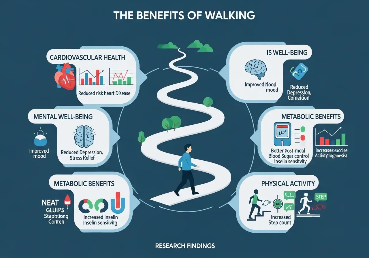 walking benefits cardiovascular mental health metabolism blood glucose steps research